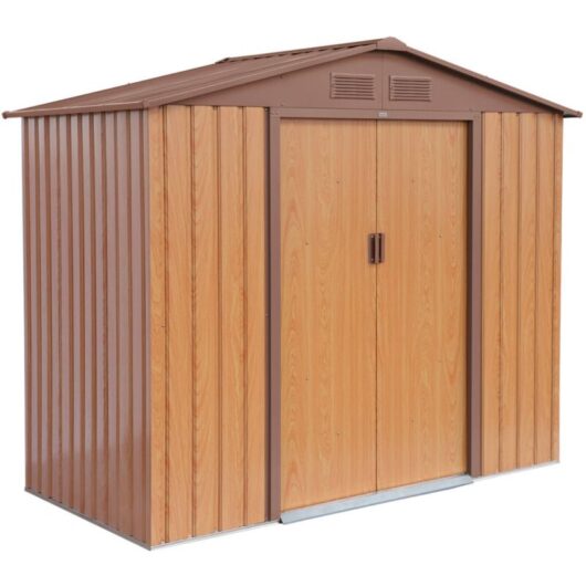 Metal garden shed - Houtland 2.71 m² oak finish - Tool storage cabin with double sliding doors, floor anchoring kit included, l 213 x d 131 x h 185 cm