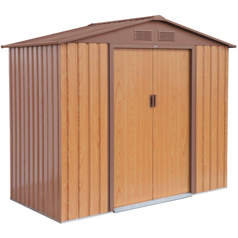 Metal garden shed - Houtland 2.71 m² oak finish - Tool storage cabin with double sliding doors, floor anchoring kit included, l 213 x d 131 x h 185 cm