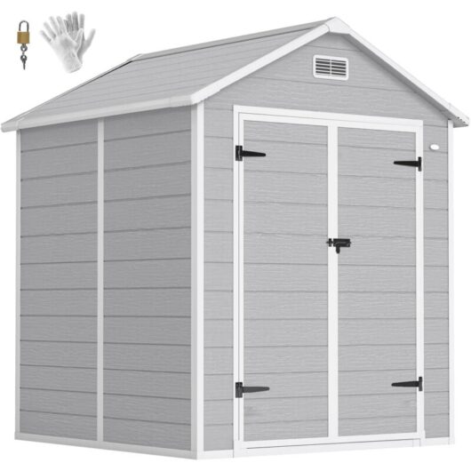 Outsunny - 6 x 5ft Resin Garden Shed with Floor and Window, Light Grey