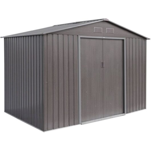 Sweeek - Metal Garden Shed - ferrain 5.29 m² Wood Effect - Tool Shed with Two Large Sliding Doors, Ground Fixing Kit Included, Storage House, Utility