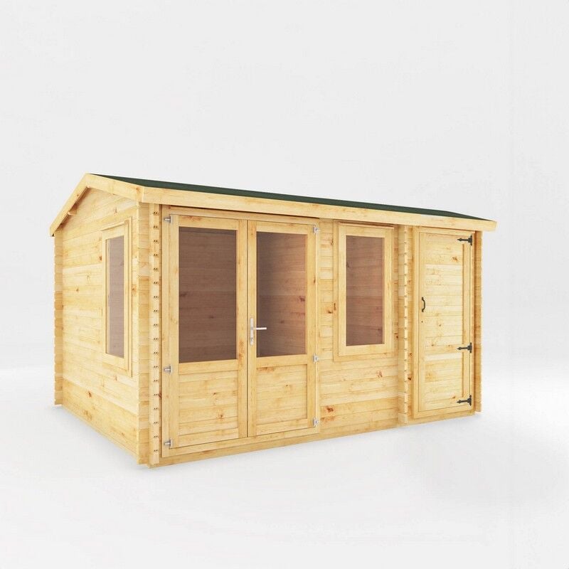 4.1 x 3 m Home Office Elite Log Cabin with Side Shed - 28 mm - Timber - L314.3 x W416 x H260 cm - Brown