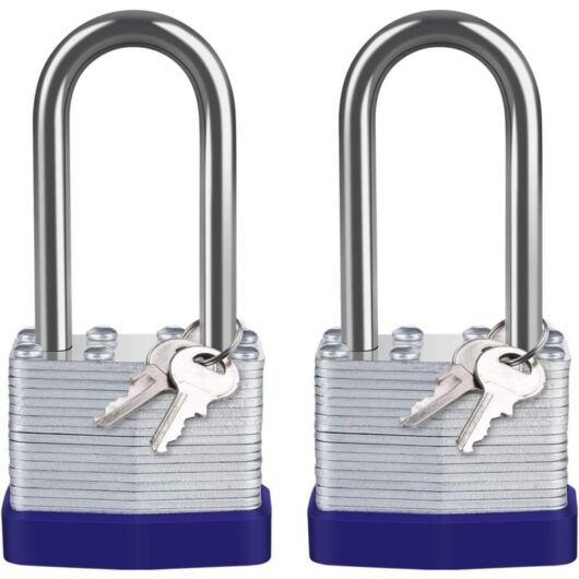 40mm Laminated Steel Outdoor Padlock, Set of 2 Waterproof Padlocks with Very High Security, Long Steel Shackle, for Gym Locker, Garden Shed, Garage,