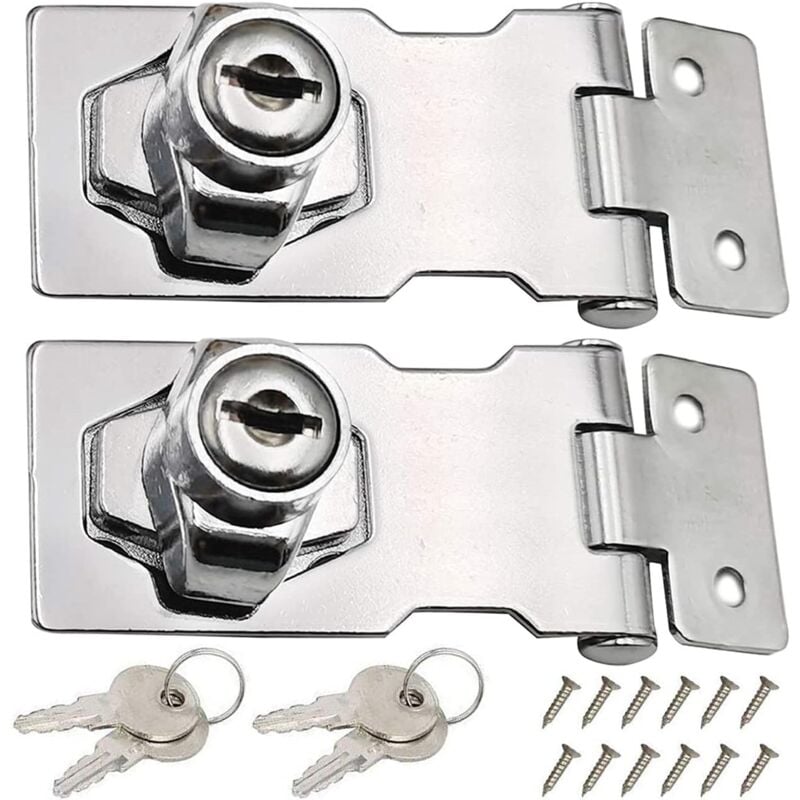 Aougo - 2pcs Stainless Steel Locking Shackle, 80mm Door Latch Buckle with Padlock and Key for Locking Shed Doors, Cabinets, Boxes, Furniture