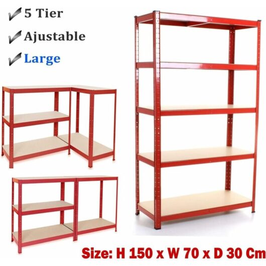 Garage Shelving Units for Workshop, Shed, Office: 150cm x 70cm x 30cm Heavy Duty Racking Shelves for Storage - Red 5 Tier, 875KG Capacity(175KG Per