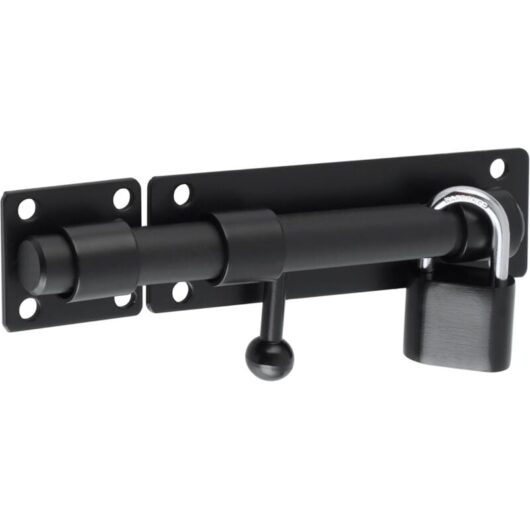 Linghhang - Matte Black Stainless Steel Sliding Door Lock with Padlock for Gate, Garden, Shed, 15cm Rod