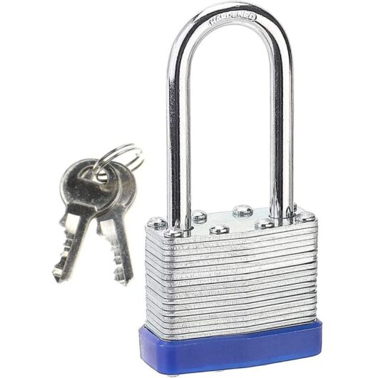 Long Shackle Padlock with Keys - Heavy Duty Keyed Padlock - Weatherproof - for Gym Lockers, School, Garage, Fence, Shed, Blue