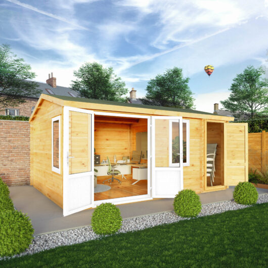 Mercia Elite 13' 6" x 16' 11" Apex Log Cabin - Premium 44mm Cladding Loglap - White UPVC