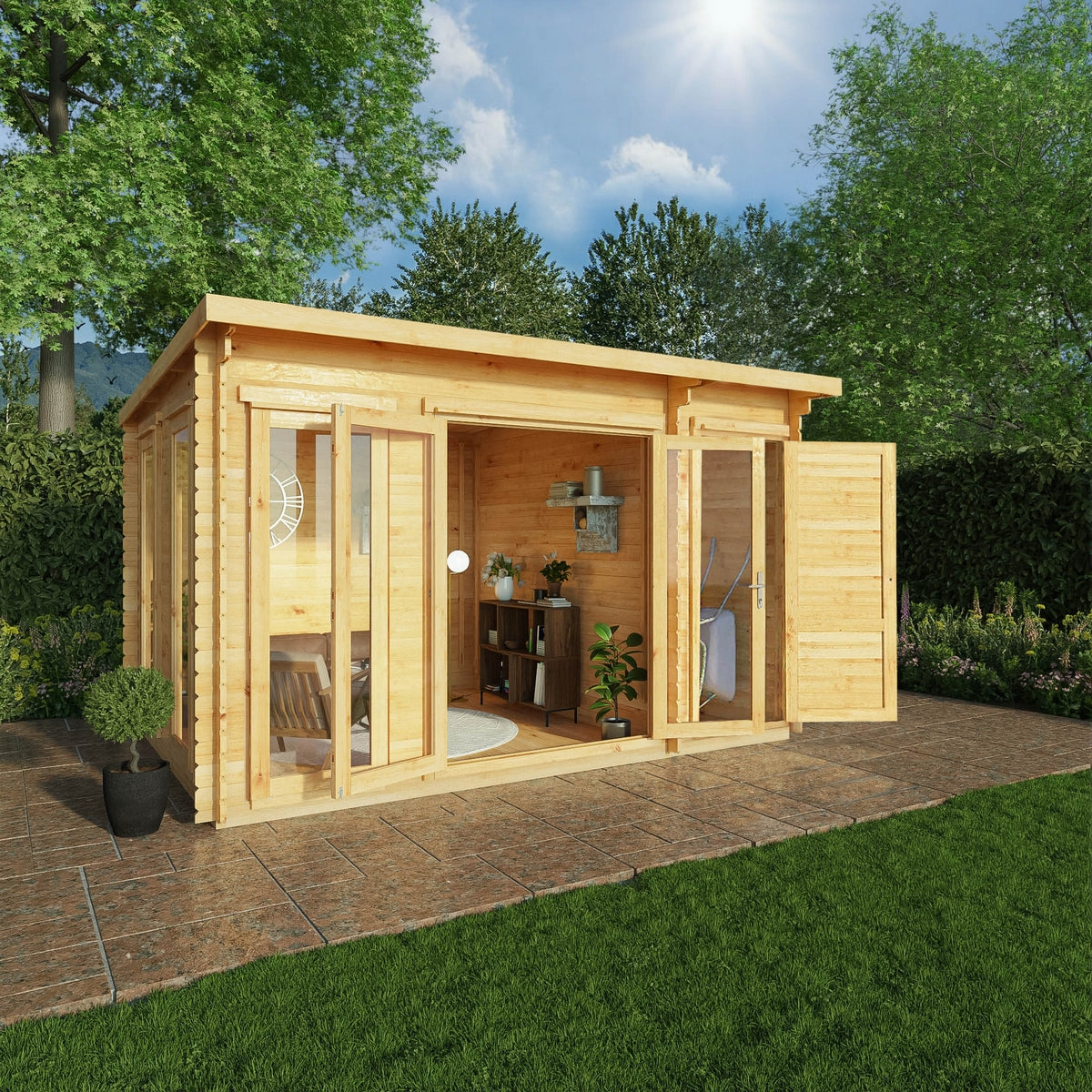 Mercia Studio 10' 11" x 13' 6" Pent Cabin with Shed - Premium 44mm Cladding Loglap