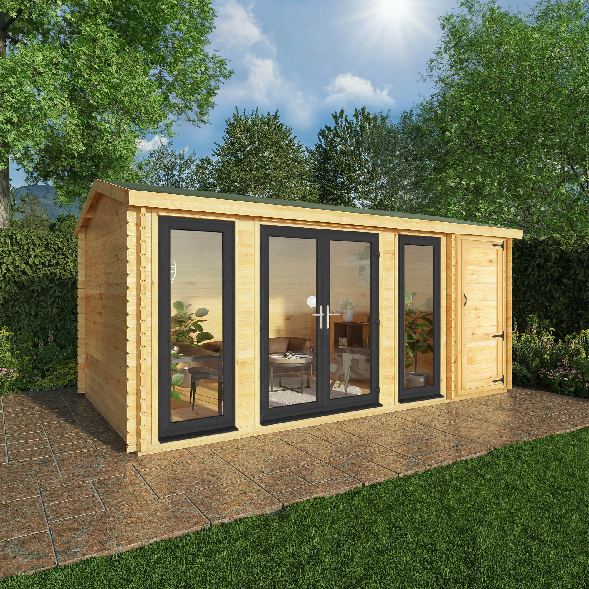 Mercia Studio 10' 3" x 16' 10" Apex Log Cabin - Premium 44mm Cladding Loglap - Grey UPVC