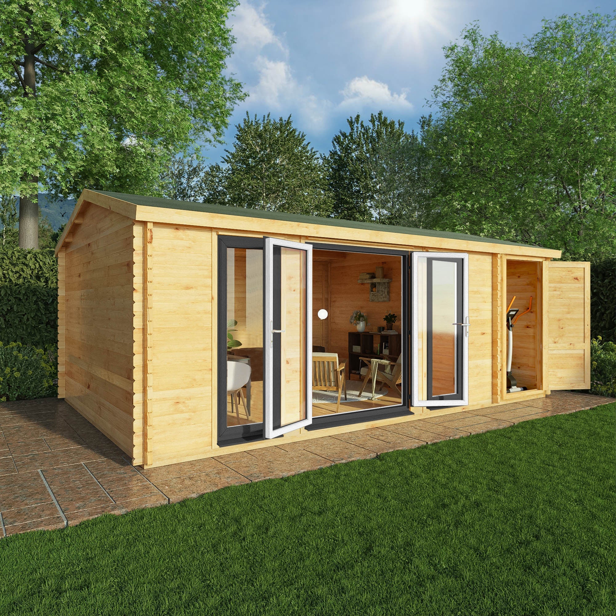 Mercia Studio 13' 7" x 20' 2" Apex Log Cabin - Premium 44mm Cladding Loglap - Grey UPVC