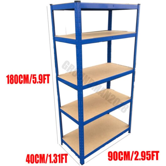 Metal Racking, Steel & MDF Boltless Shelves, 180cm x 90cm x 40cm, Blue 5 Tier (175KG Per Shelf), 875KG Capacity Garage Shed Storage Shelving Units, 5