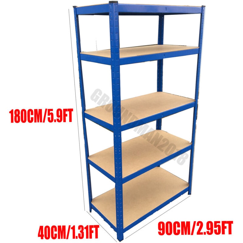 Metal Racking, Steel & MDF Boltless Shelves, 180cm x 90cm x 40cm, Blue 5 Tier (175KG Per Shelf), 875KG Capacity Garage Shed Storage Shelving Units, 5