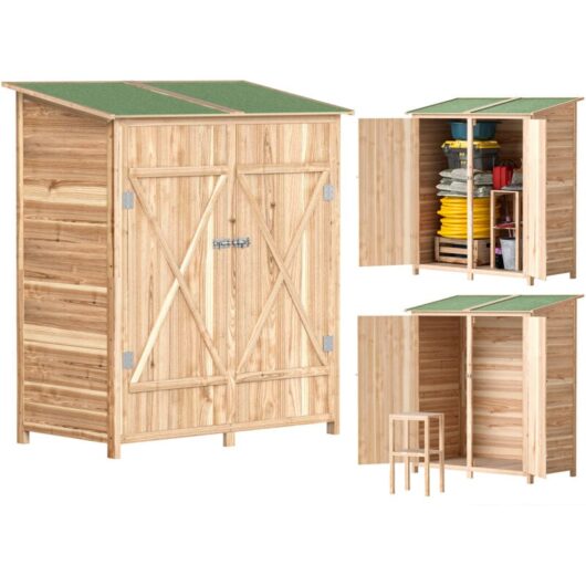 Outsunny Garden Storage Shed Tool Organizer w/ Table, 140x75x157cm, Natural