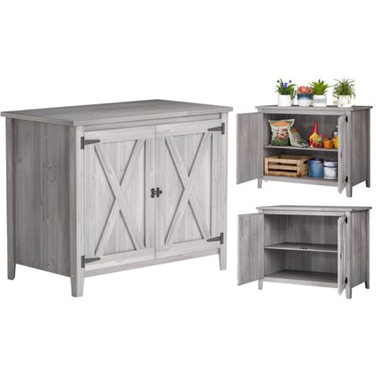 Outsunny Wooden Garden Shed Tool Cabinet 110 x 60 x 88.5 cm, Light Grey
