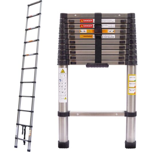 Telescoping Ladder 3.2m/10.5ft Newest Stainless Steel Extension Ladder Portable Collapsible Ladder Adjustable Height Easy to Carry EN131 Safe