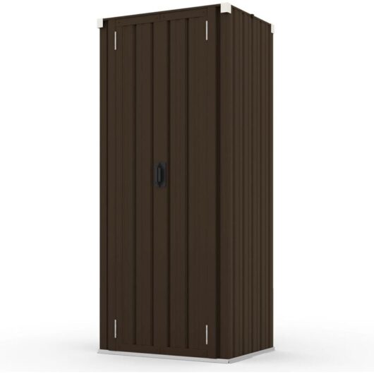 YODOLLA Outdoor Tall Garden Storage Cabinet Shed with 3 Adjustable Shelves - Weatherproof Metal Cupboard for Garage & Patio - Brown