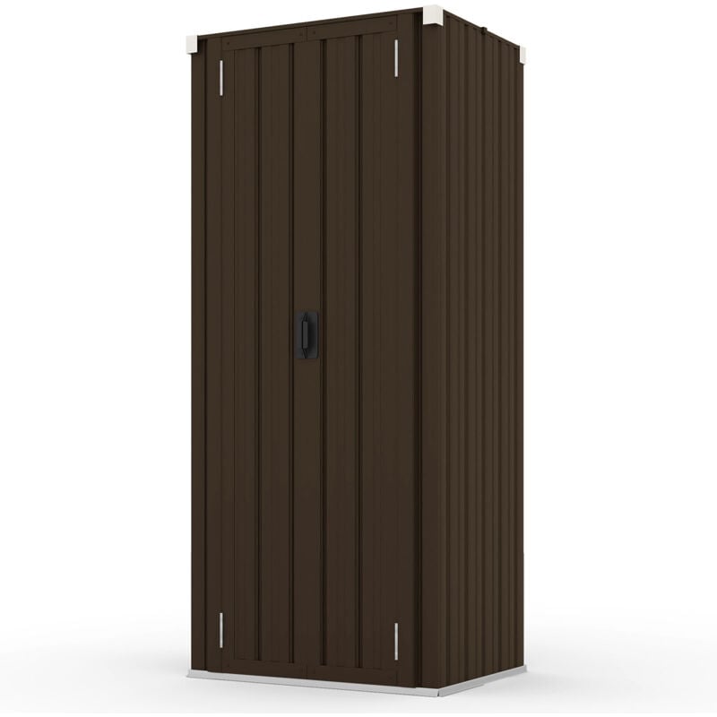 YODOLLA Outdoor Tall Garden Storage Cabinet Shed with 3 Adjustable Shelves - Weatherproof Metal Cupboard for Garage & Patio - Brown