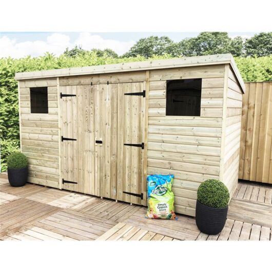 12 X 8 Large Pressure Treated Tongue And Groove Pent Shed With 2 Windows + Double Doors (centre) + Safety Toughened Glass