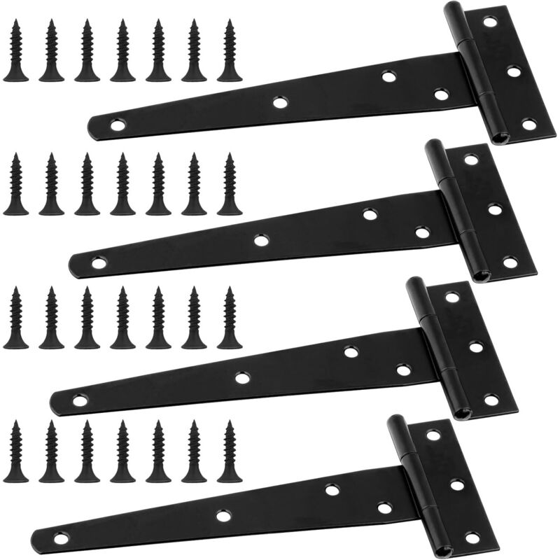 4-Piece Black T-Hinges, 6-Inch Metal Door Hinges with 28 Screws, Stainless Steel Folding Hinges for Shed Doors, Garden Gates, Windows