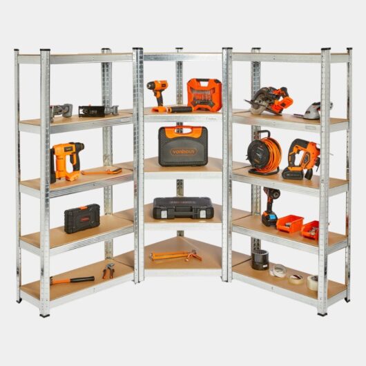 5-Tier Galvanised Steel Corner Shelving Unit x3 - Silver (150 x 70cm)