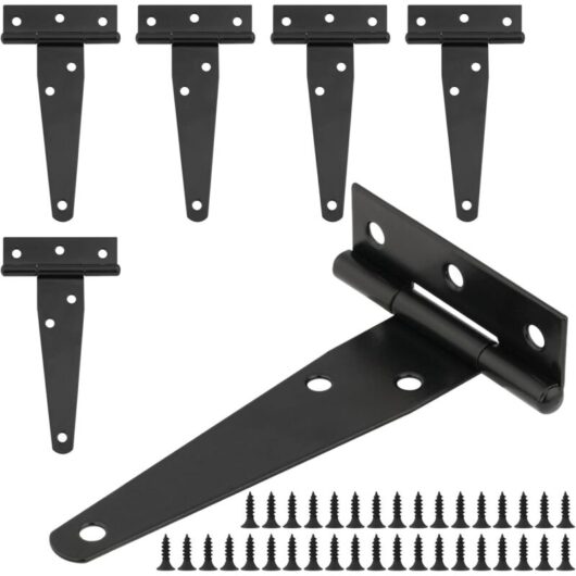 6-Piece Black T-Hinges, 4-Inch Metal Door Hinges with 36 Screws, Stainless Steel Folding Hinges for Shed Doors, Garden Gates, Windows