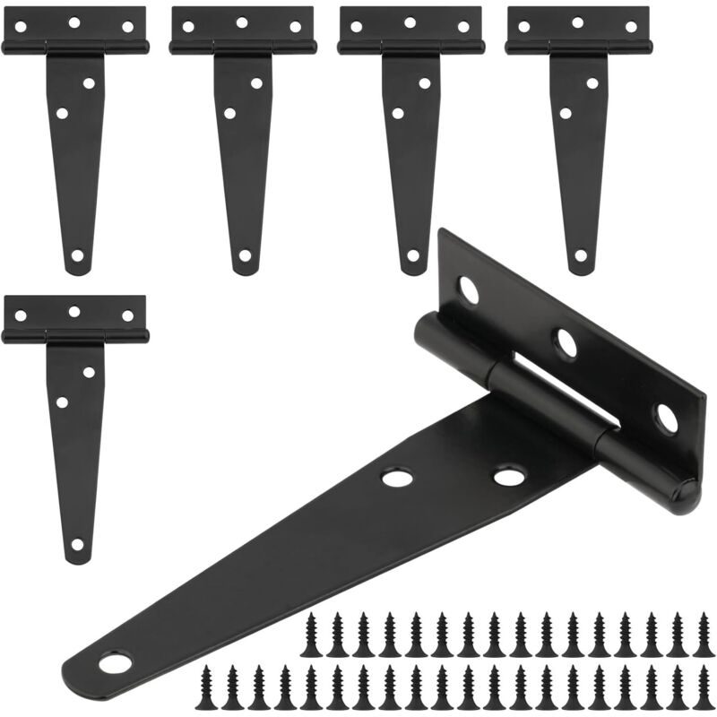 6-Piece Black T-Hinges, 4-Inch Metal Door Hinges with 36 Screws, Stainless Steel Folding Hinges for Shed Doors, Garden Gates, Windows