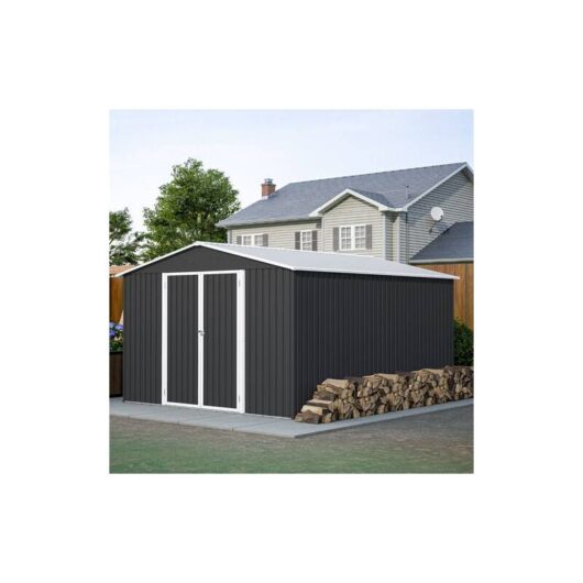 Birchtree - Garden Shed Metal Apex Roof 10FT x 12FT Outdoor Storage With Free Foundation Anthracite and White
