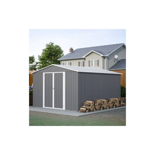 Birchtree - Garden Shed Metal Apex Roof 10FT x 12FT Outdoor Storage With Free Foundation Grey and White