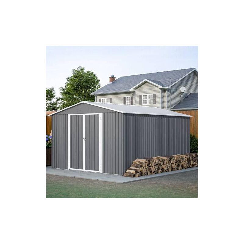 Birchtree - Garden Shed Metal Apex Roof 10FT x 12FT Outdoor Storage With Free Foundation Grey and White