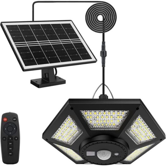Indoor and outdoor hanging solar LED light, 1200 lm, 5 lighting modes with remote control, IP65 waterproof, for garden shed, gazebo, garage, patio