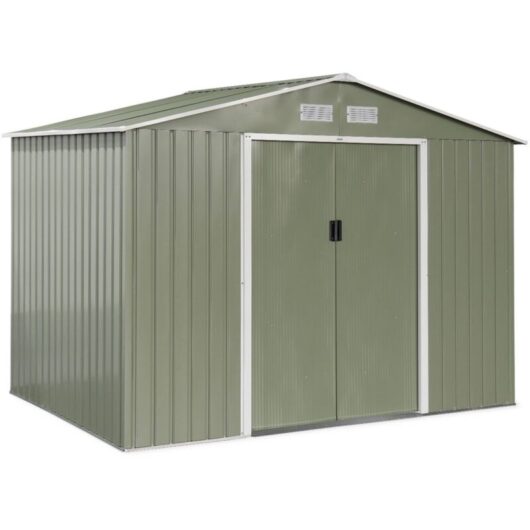 Metal garden shed 5.29m² with anchoring kit, Ferrain, Green and White, 277x194x203 cm