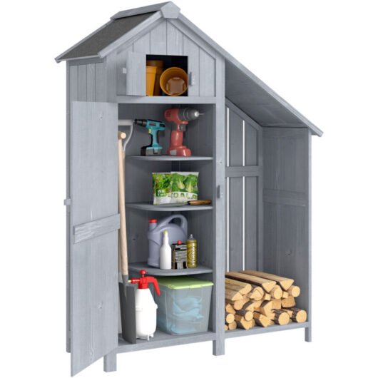 Outsunny Fir Garden Storage Shed With Shelves Log Rack, For Garden Tools