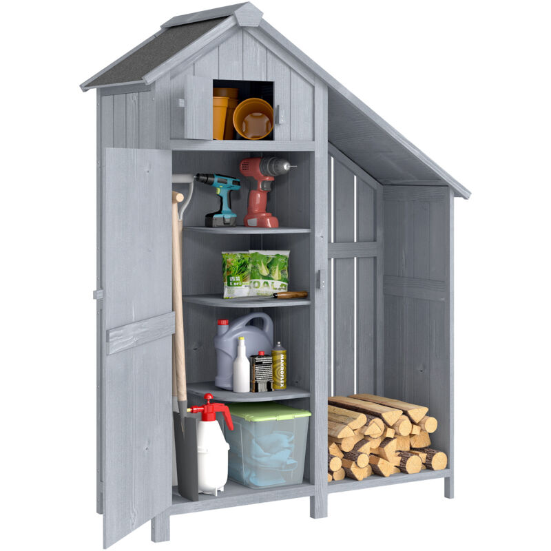 Outsunny Fir Garden Storage Shed With Shelves Log Rack, For Garden Tools