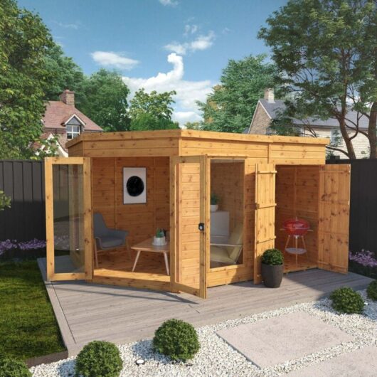 Waltons 12 x 8 Wooden Corner Summerhouse with Side Shed Premium Shiplap Flat Roof Garden Room Double Doors