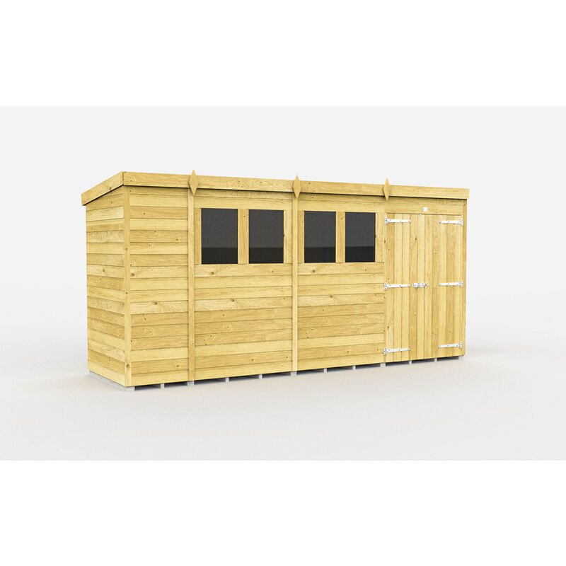 14 x 4 Feet Pent Shed - Double Door With Windows - Wood - L118 x W417 x H201 cm