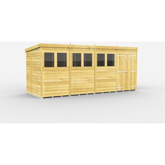 16 x 6 Feet Pent Shed - Double Door With Windows - Wood - L178 x W474 x H201 cm