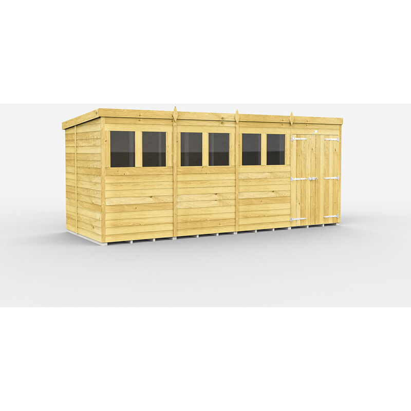 16 x 6 Feet Pent Shed - Double Door With Windows - Wood - L178 x W474 x H201 cm