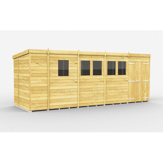 17 x 6 Feet Pent Shed - Double Door With Windows - Wood - L178 x W492 x H201 cm