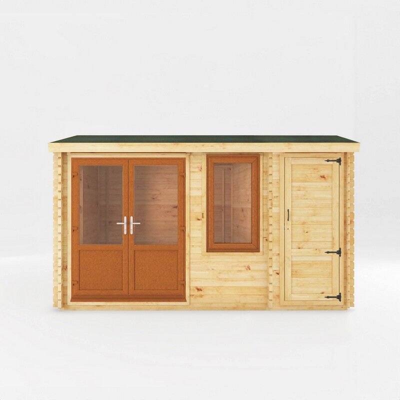 4.1 x 3 m Home Office Elite Log Cabin with Side Shed, Oak UPVC Windows and Doors - 44 mm Timber - L314.3 x W416 x H260 cm - Brown