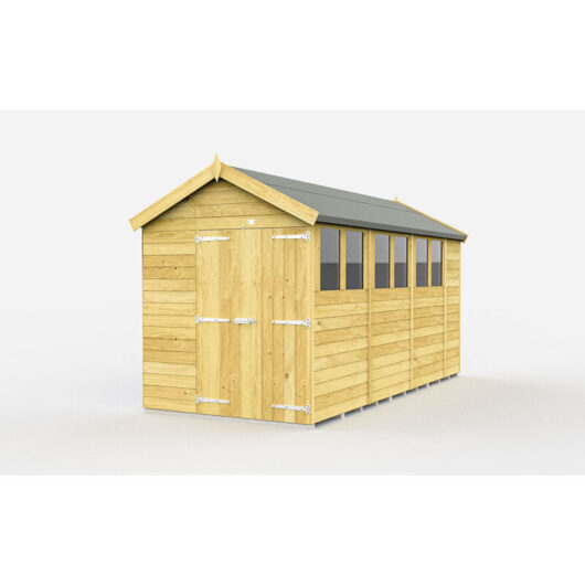 6 x 14 Feet Apex Shed - Double Door With Windows - Wood - L417 x W175 x H217 cm