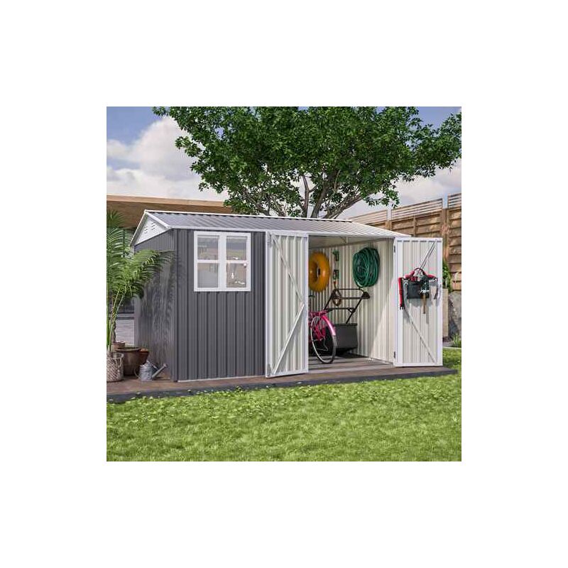 Birchtree - 10x10FT Steel Apex Garden Shed Tool Equipment Organize W/Window Door Grey