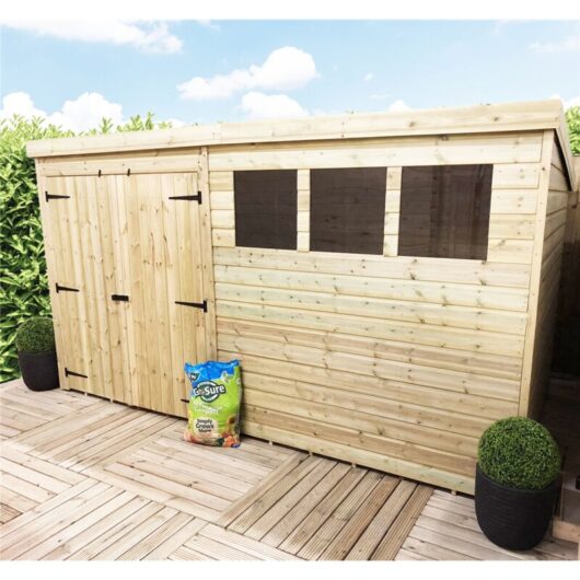 INSTALLED 14 x 5 Garden Shed Pressure Treated T&G PENT Shed - 3 Windows + Double Doors (14' x 5' / 14ft x 5ft) (14x5)