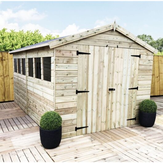 Marlborough - 12 x 8 Premier Pressure Treated Tongue And Groove Apex Shed With Higher Eaves And Ridge Height 6 Windows + Double Doors - 12mm Tongue