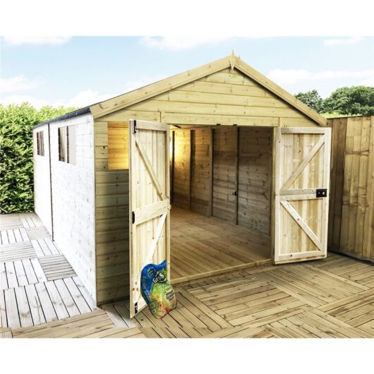 Marlborough - 30 x 15 Premier Pressure Treated T&g Apex Shed / Workshop With Higher Eaves And Ridge Height 6 Windows And Double Doors (12mm T&g