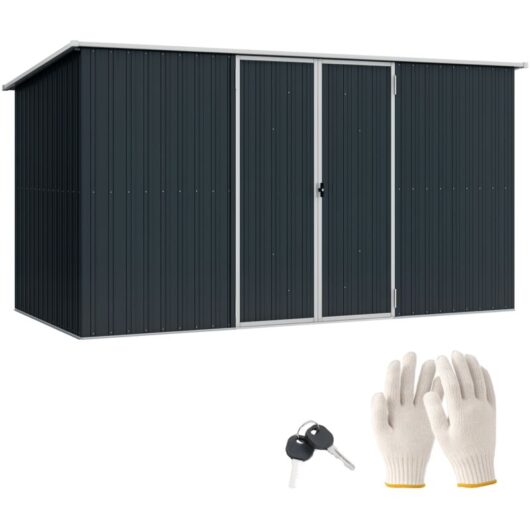 Outsunny - 11 x 5.6ft Galvanised Metal Garden Shed with Lockable Doors, Grey