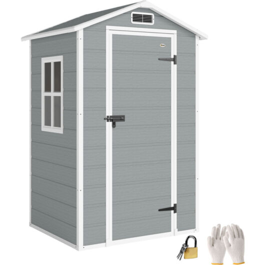 Outsunny 4 x 3 ft Plastic Small Garden Shed with Lockable Door, Light Grey