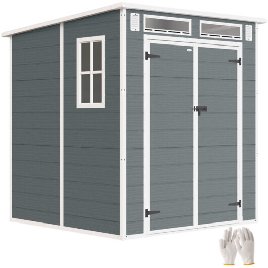 Outsunny 6 x 6 ft Plastic Garden Shed with Floor, Lockable Doors, Grey
