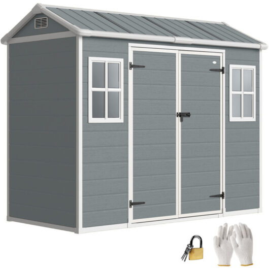 Outsunny 8 x 4 ft Resin Garden Shed with Floor, Lockable Doors, Light Grey
