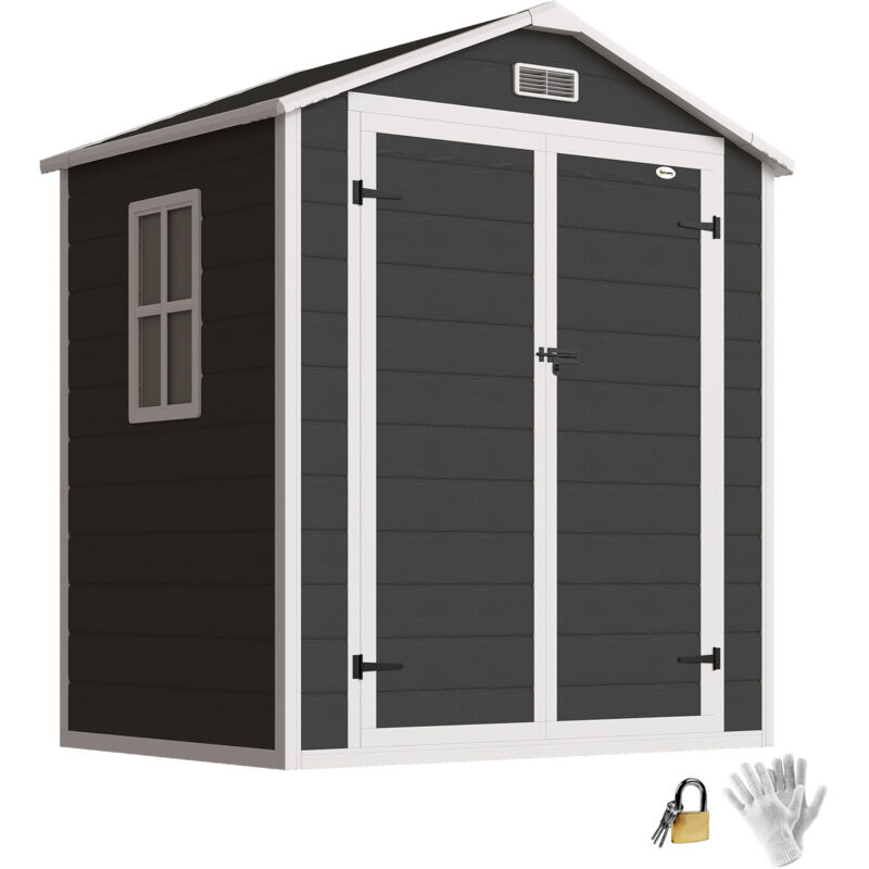 Outsunny Garden Shed 6'x4.5' Plastic Tool Storage House w/ Lockable Double Doors
