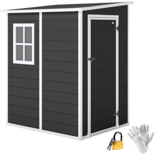 Outsunny Lean to Garden Shed, Plastic Tool Storage House w/ Lockable Door